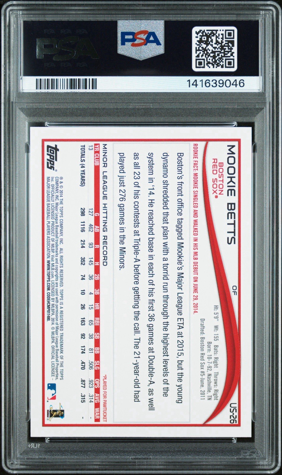 2014 Topps Update US26 Mookie Betts RC PSA 9 view 2