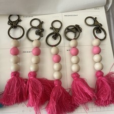 Lot of 5 Pink White Beaded Tassel Key Chains, Metal, Lobster Clasps
