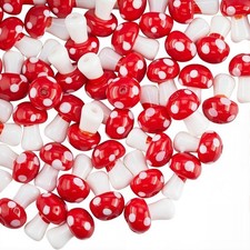 50 Mushroom Beads Lampwork Glass Miniatures Nature Pendants 14mm Red White Bulk