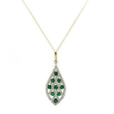 0.63 CT Emerald 0.12 CT Diamond 14K Yellow Gold Drop Pendant Necklace 18"