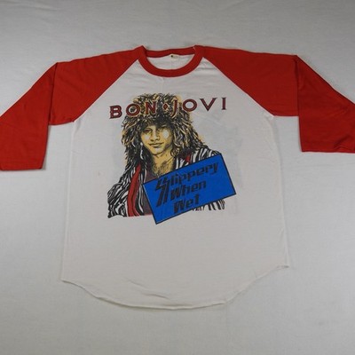 Vintage 1986 Bon Jovi Shirt Slippery When Wet Tour Raglan 3/4 Sleeve Size M 80s