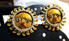 Vintage Lunch at the Ritz gold glitter sun face  earrings 1 3/8" Solar Sorbet