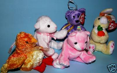 TY, Easter Jingle Beanie, 5 pc cat,,bear, lamb, bunny, chick, New, retired 