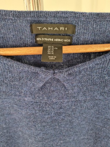 Tahari Extrafine 100% Merino Wool jumper Blue 3/4 Sleeve XL UK 14 - Picture 3 of 6