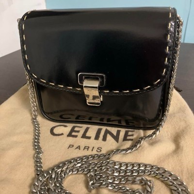 Celine Shoulder Bag Crossbody Chain Classic Box Leather Black Rare Vintage Auth
