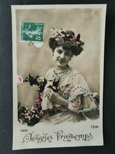 Old postcard Happy Spring - A young woman in pink and blue dress - Irene