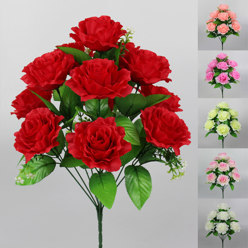 12 Heads Silk Rose Artificial Flowers Fake Bouquet for Wedding Party