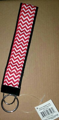 Chevron Wristlet key fob with key ring Heavy Webbing/ Ribbon Red and White 