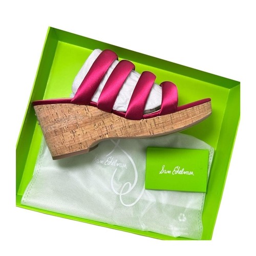 Sandali donna Sam Edelman rosso raso cinturino punta aperta sughero zeppa taglia 10 M nuovi con scatola - Foto 3 di 14