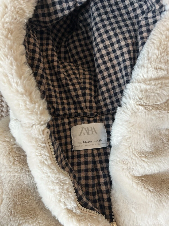 Zara Girl Faux Fur Hooded Jacket With Gingham Lining Size 4-5 Years - Image 4 of 4
