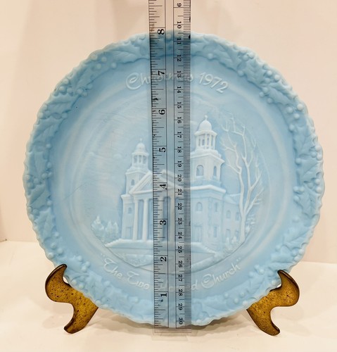 Vintage Fenton Christmas In America 3 Blue Satin Plate 8” Two Horned Church Ohio - Picture 2 of 4