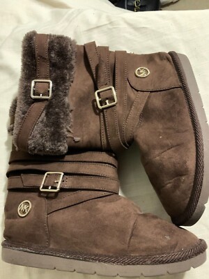 MICHAEL KORS Girls Chocolate Brown Fur Lined Buckle Winter Boots LITTLE  GIRL