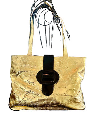 CHI BY FALCHI Animal Embossed 100% Leather Gold Metallic Lined Shoulder Tote