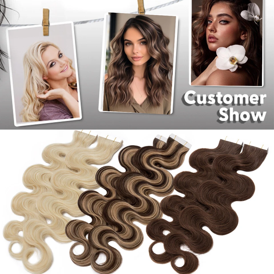 Invisible Body Wave Tape In Remy Human Hair Extensions Skin Weft THICK 150g Glue - Image 2 of 4