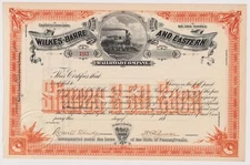 Wilkes-Barre & Eastern  Railroad Company Stock Certificate Pennsylvania