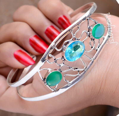 Blue Topaz & Green Onyx Gemstone 925 Sterling Silver Big Bracelet For Everyone