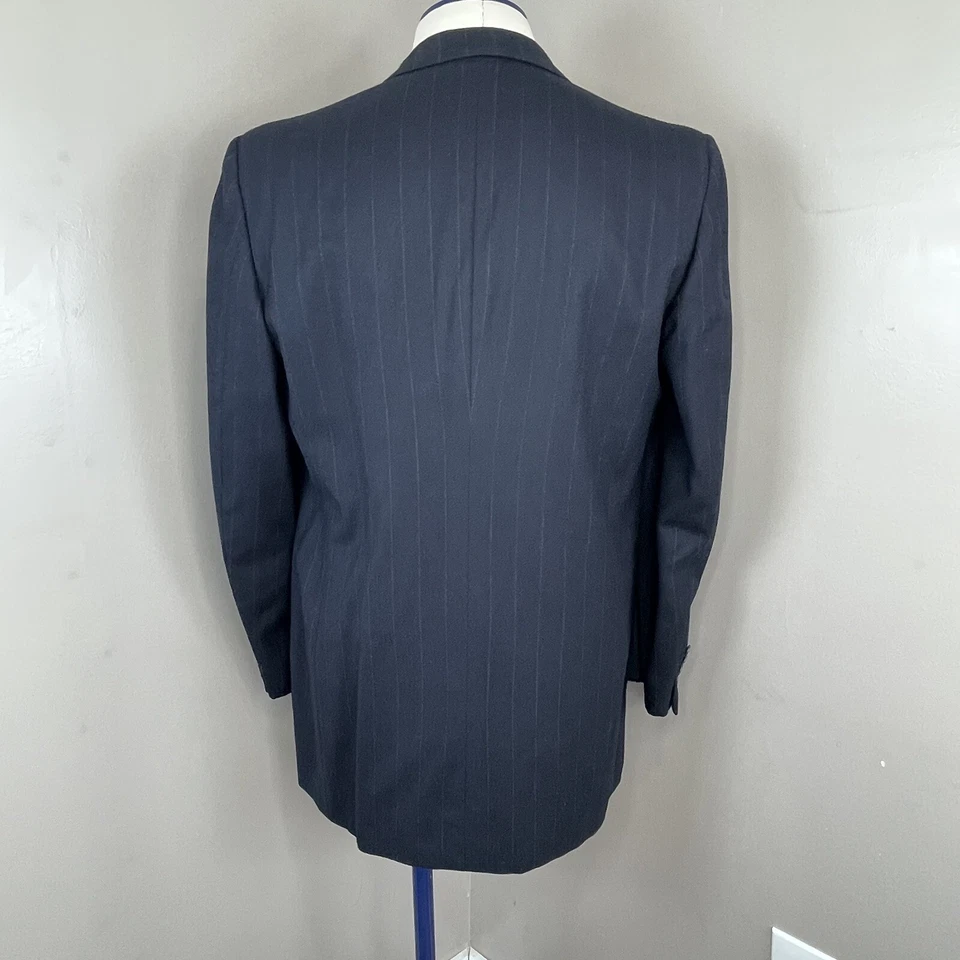 Perry Ellis Men Suit Jacket Sz 46 L Black Stripes Virgin Wool Double Breasted - Изображение 2 из 4
