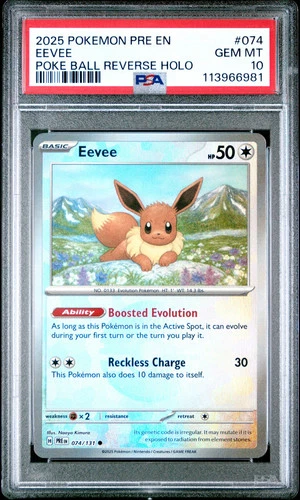 2025 Pokemon Prismatic Evolutions Eevee #074 Poke Ball Reverse Holo PSA 10 GEM