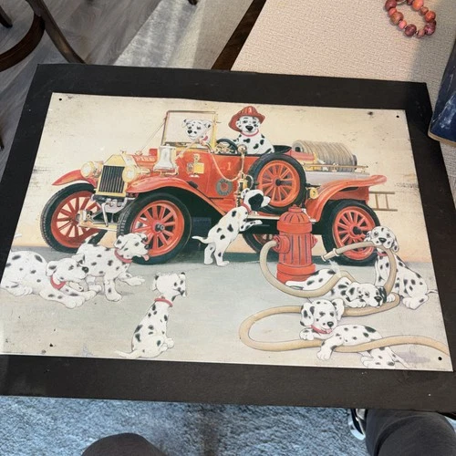 17.5 x 12.5 Picture on tin Sign DALMATIONS VINTAGE FIRE TRUCK