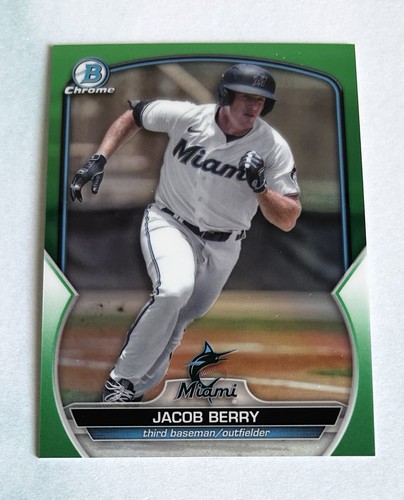 Jacob Berry 2023 Bowman Chrome #BCP-243 rifrattore verde #/99 Miami Marlins - Foto 2 di 4