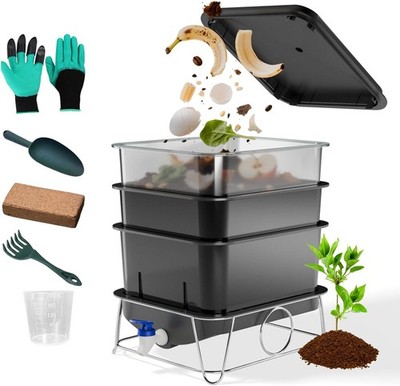3-Tray 15L Worm Farm Composting Bin W/ Tool Set Efficient Indoor/Outdoor