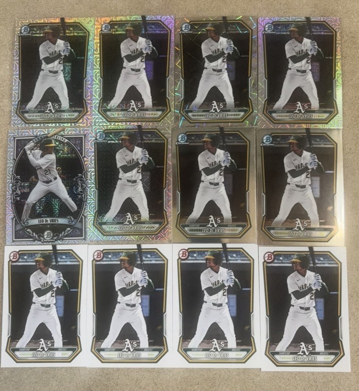 2026 Bowman A's Leo DeVries lot of 12 including 5 Mojo Refractors & 1 Laser