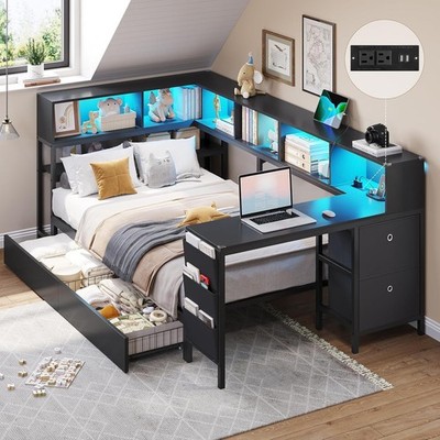 Twin Corner Bed Frame Daybed with Desk,Bookcase Storage,Charging Station,