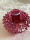Vintage FENTON Cranberry Opalescent Hobnail Glass Candle Holder 3.25"H *40