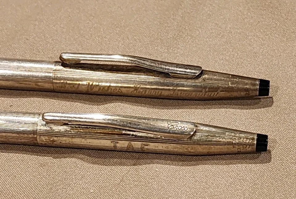 Juego de bolígrafos y lápices mecánicos CRUS vintage de plata de ley grabados Foto 2 de 4