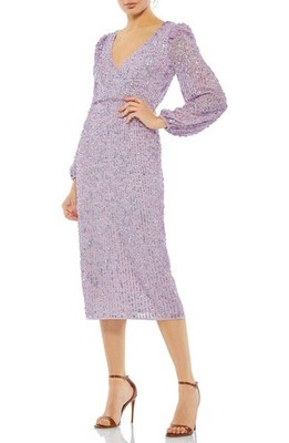 Mac Duggal Sequin Faux Wrap V Neckline Cocktail Dress with Puff-Shoulder Sleeves