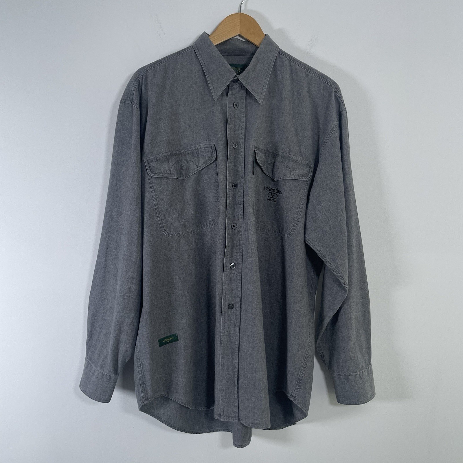 Vintage Valentino Jeans Shirt Sz 42 Grey Chambray Denim 80s 90s Button Up Logo thumbnail 3
