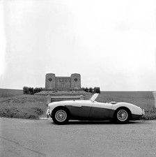 Austin-healey 100m In Front Of Memorial For Racing Drivers Guy Bou- Old Photo