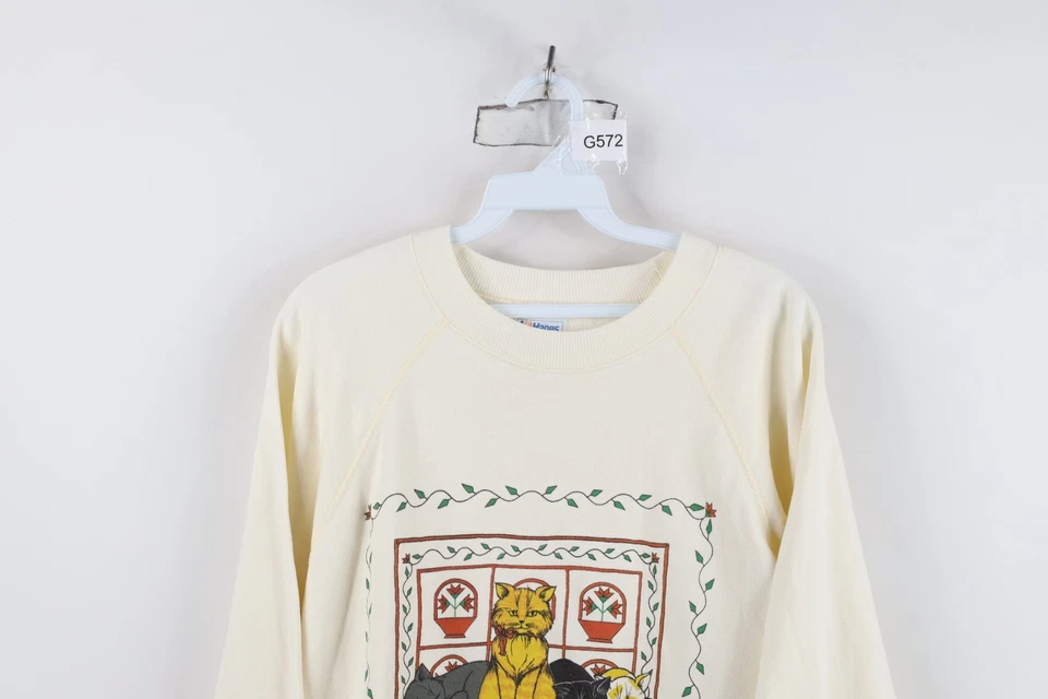 Moletom vintage anos 80 anos 90 streetwear feminino L House gato gatinho gola redonda creme EUA - Imagem 2 de 4