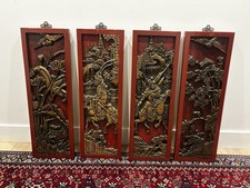 4 Set Of Chinese Vintage Wood Red Golden Carving Wall Hanging Art Plaque 30x10