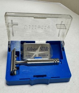 Vintage Silver Star 3 Piece Safety Razor + Blades & Gillette plastic Case 1950s