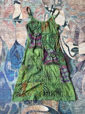 LindaRae Womens Patchwork Dress S/M Green Bohemian Smocked Back Cotton