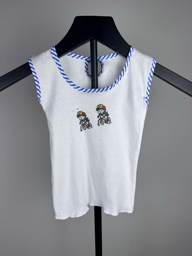 Vintage 80s 90s Graphic Print Tank Shirt Striped Trim Tie Neck Size 3-6 Months