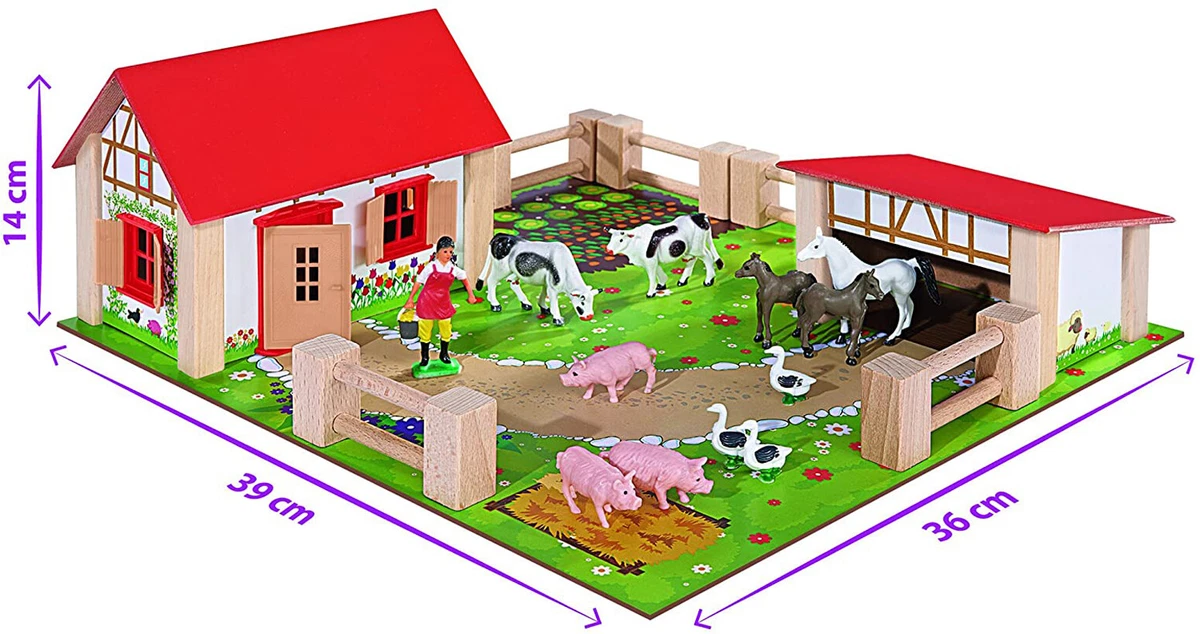Childrens Toy Small Farm Yard Wooden 21Pc Kids Toddler Play Set