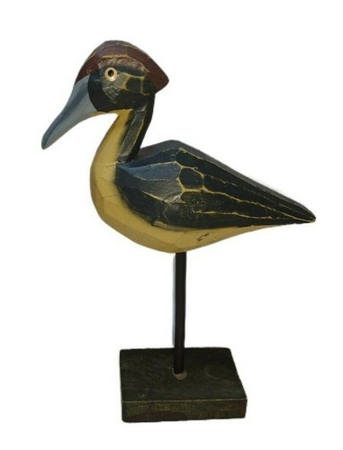 Vtg Hand Painted Carved Wood Shore Bird On Base Pelican Seagull Yellow Blue 7+" - Picture 3 of 10