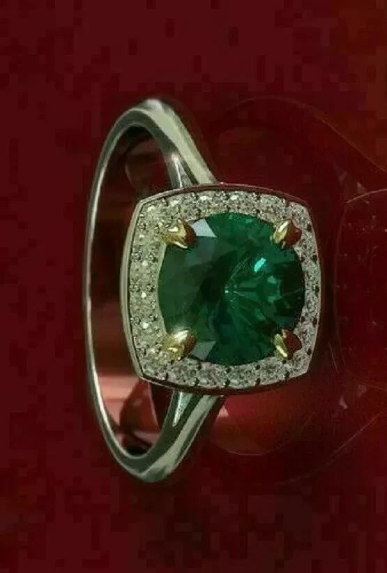 Anillo AAA de 1,90 quilates corte redondo vintage de diamantes y esmeraldas naturales de oro blanco macizo de 14 quilates Foto 2 de 4