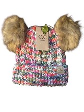 NWT C.C Kids Toboggan Multicolored Cableknit Faux Fur Pom Pom