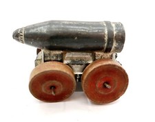 Vintage MANOIL Bomb Tank Cart Metal Pre WW2 Era Wooden Wheels Missing Hitch