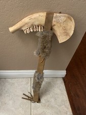 VINTAGE NATIVE AMERICAN JAWBONE TOMAHAWK SKULL CRACKER With Fur Handle Mexico