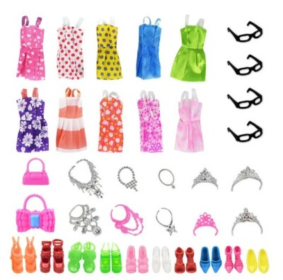 + GESCHENKIDEE 36 ZUBEHÖR PUPPEN 10 KLEIDER 10 SCHUHE HALSKETTEN BRILLE TASCHEN