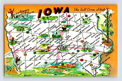 Postcard Iowa Map Cartoon Landmarks Greetings 1970s Unposted Chrome