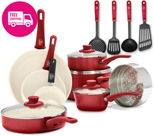 16-Piece Soft Grip Ceramic Nonstick Cookware Set PFAS-Free Red Dishwasher Safe - Picture 9 of 12