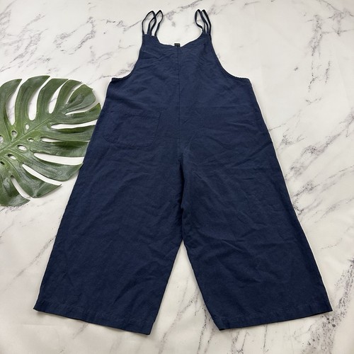 Clara Sun Woo Womens Overalls Jumpsuit Size XS Navy Blue Linen Blend Cropped - Picture 7 of 10
