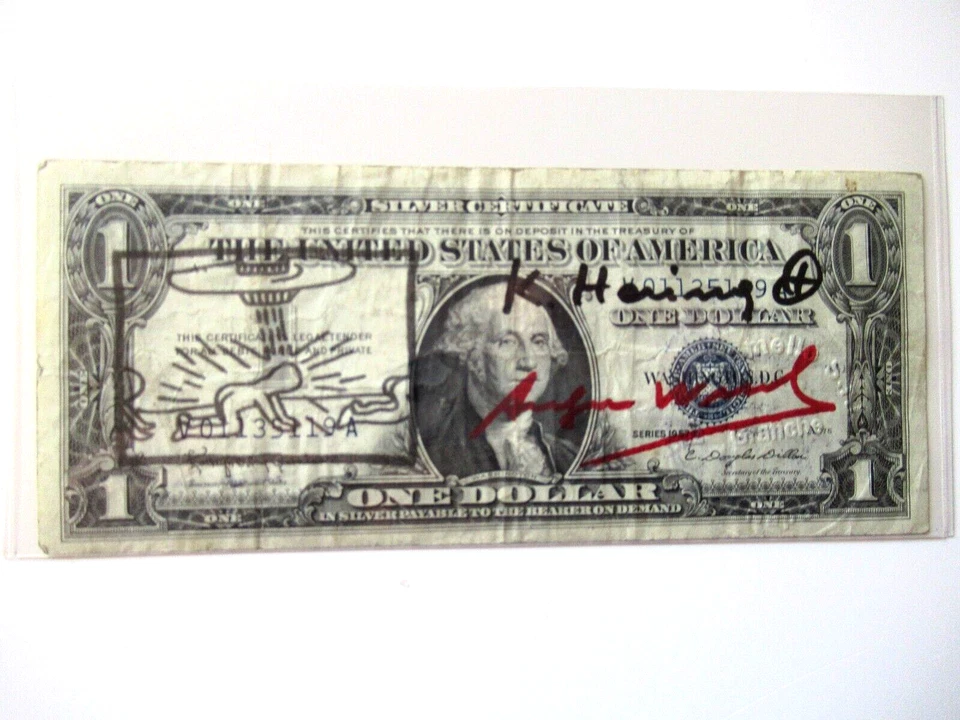 A. WARHOL/K. HARING: 1 Dollar ORIGINAL SIGNIERT, SKIZZIERT, BEARBEITET, von 1977 - Bild 2 von 4