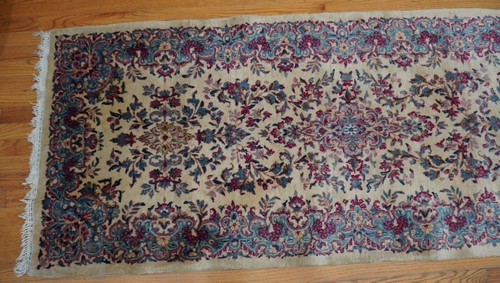 Antique Kermann Runner Hand Knotted Ivory Wool Oriental Rug 3' x 12' - Picture 3 of 17