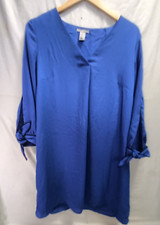 H&M Womens Size 8 Split Neck Tie Sleeved Shift Mini Dress Blue Pullover Casual